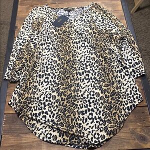L&B Leopard Print Asymmetrical 3/4 Sleeve Blouse